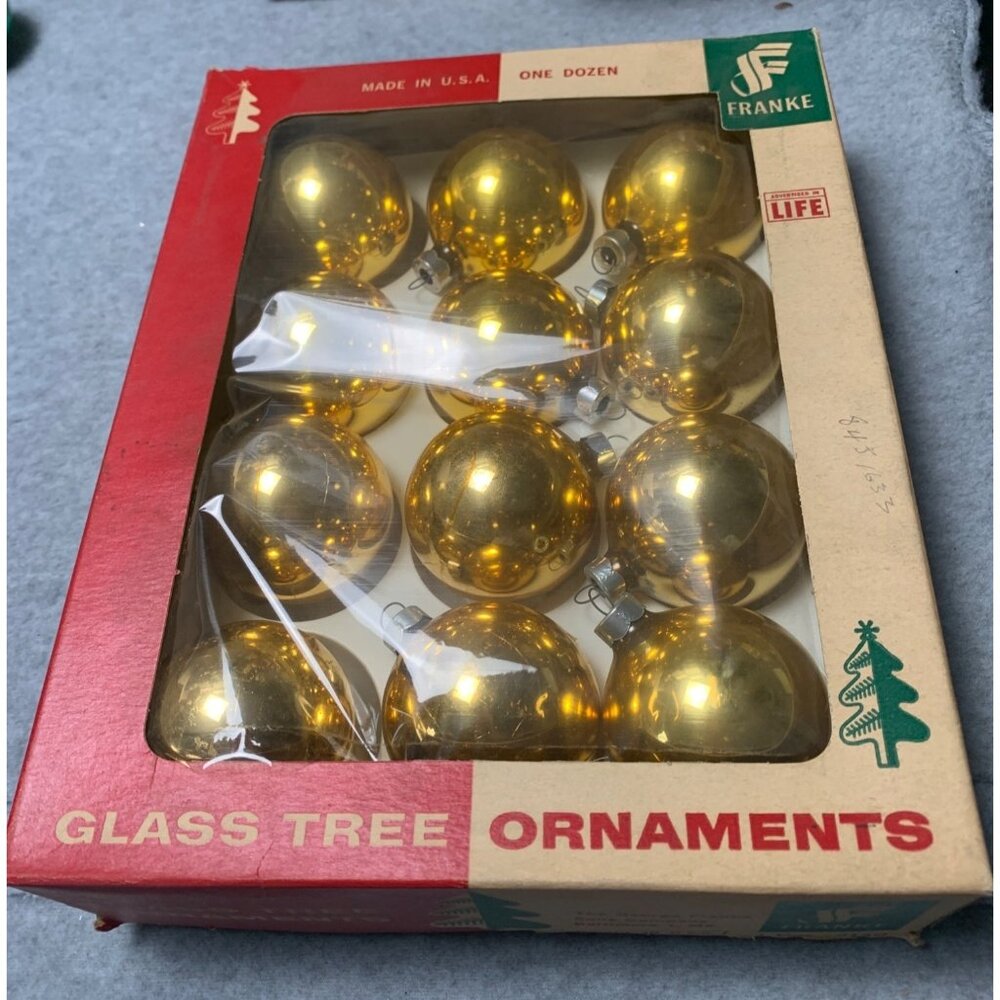 1960s Franke Glass Tree Ornaments Made In USA Gold Set of 12 Original Box
